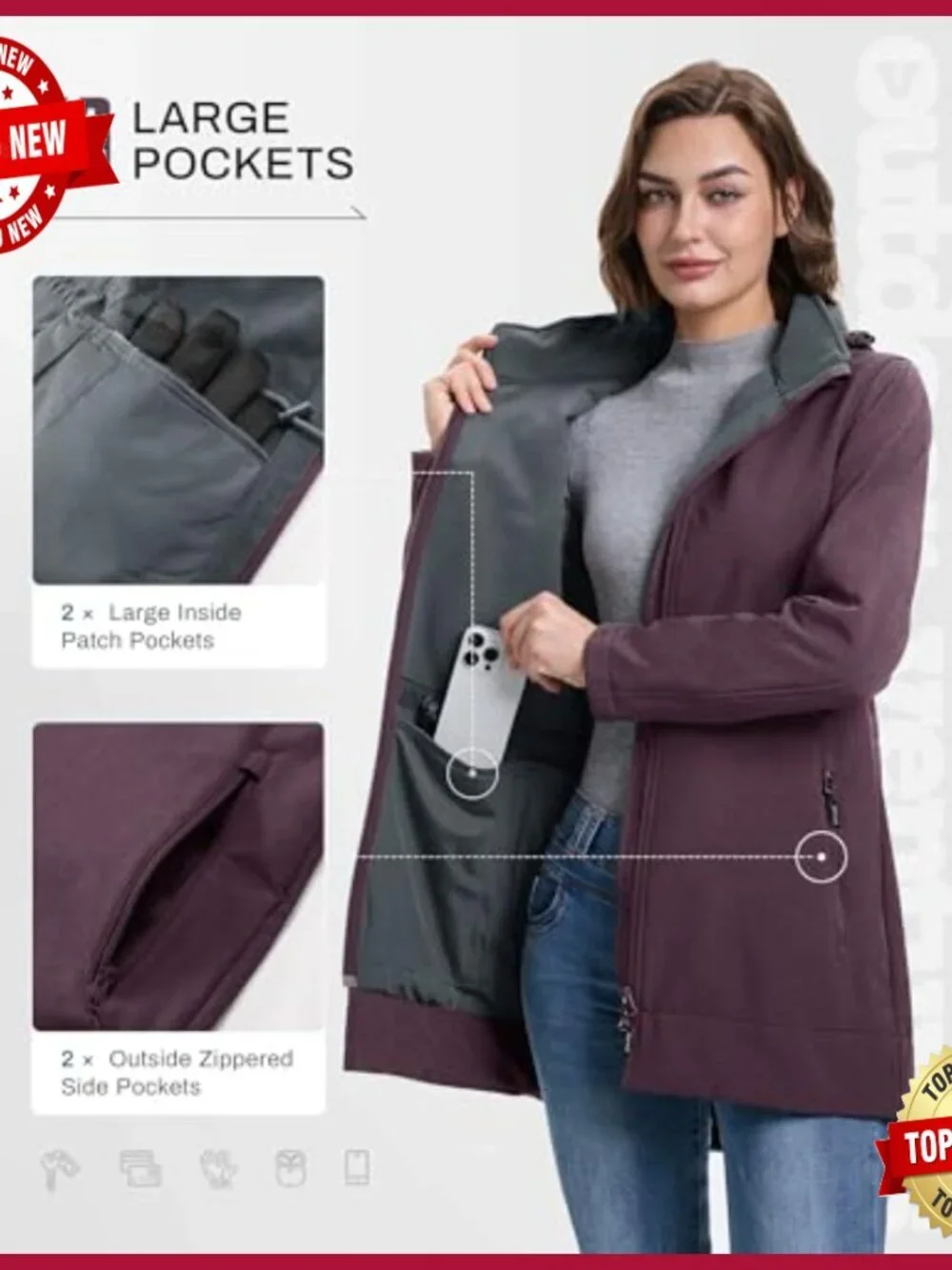 Women's Fleece Lined Softshell Jacket with Removable Hood Windproof Raincoat